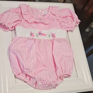 Pink And White Gingham Embroidered Romper Size 12-18 Months